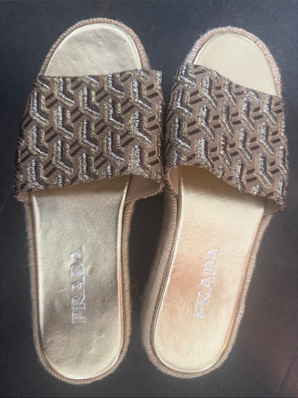Prada Gold and Brown Jacquard Slide Sandals